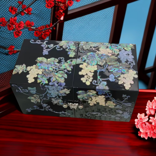 Handcrafted Heritage Lacquered Mother-of-Pearl Jewelry Box – “Grapevine Abundance” | Hand-Polished Chinese Lacquerware with Deep-Sea Abalone Inlay