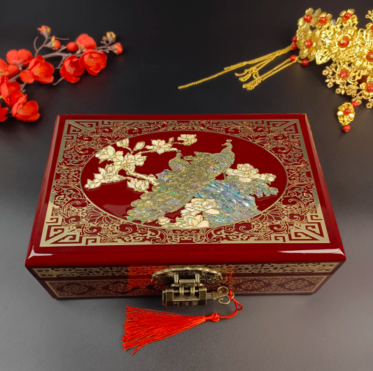 Hand-Polished Filigree-Inlaid Mother-of-Pearl Jewelry Box – “Joyful Grace” | Peacock & Peony Design with Intricate Gold-Toned Detailing Detailing & Velvet Interior