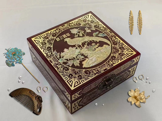 Hand-Polished Filigree-Inlaid Mother-of-Pearl Jewelry Box – “A Glorious Future” | Intricate Gold-Toned Detailing Detailing & Velvet Interior