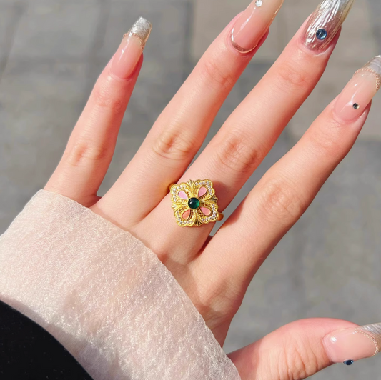 Handcrafted 24K Gold Filigree & Mother-of-Pearl Ring – Vintage Floral Design